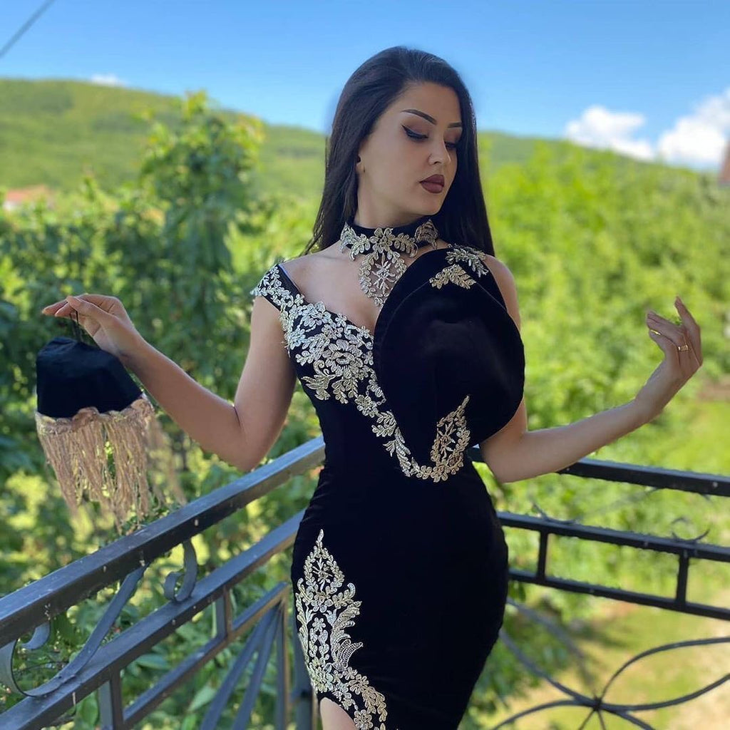 Long Black Mermaid High Neck Appliques Lace Velvet Prom Dress With Slit