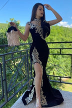 Long Black Mermaid High Neck Appliques Lace Velvet Prom Dress With Slit