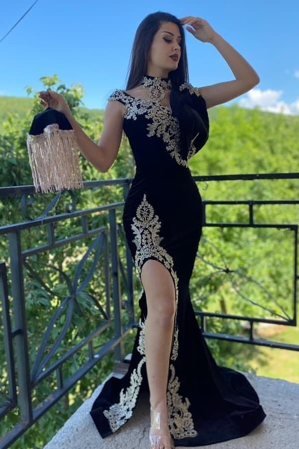 Long Black Mermaid High Neck Appliques Lace Velvet Prom Dress With Slit