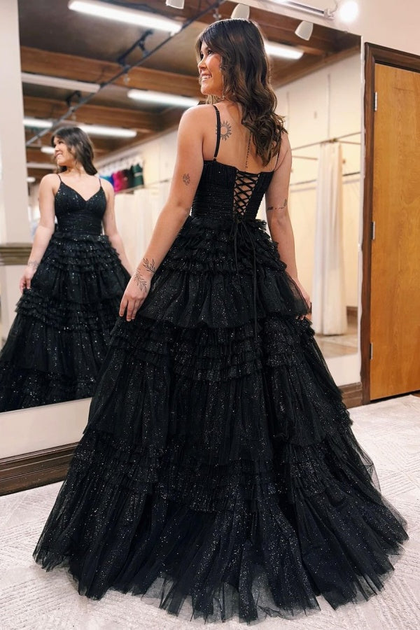 Long Black A-line Tulle Sparkly V-Neck Sleeveless Prom Dress