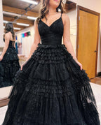 Long Black A-line Tulle Sparkly V-Neck Sleeveless Prom Dress