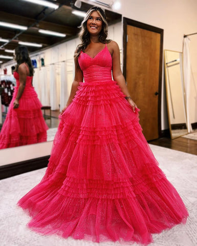 Long Black A-line Tulle Sparkly V-Neck Sleeveless Prom Dress