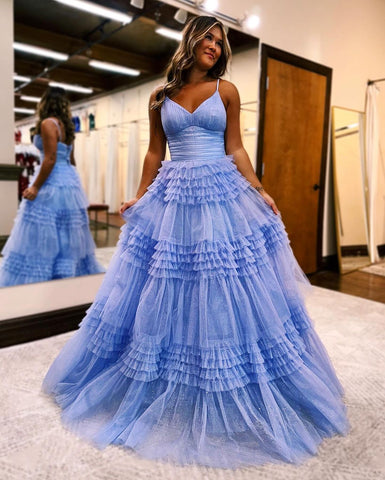 Long Black A-line Tulle Sparkly V-Neck Sleeveless Prom Dress
