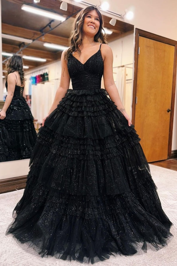 Long Black A-line Tulle Sparkly V-Neck Sleeveless Prom Dress