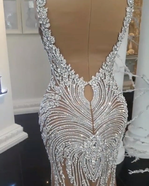 Long Champagne V-Neck Beading Backless Mermaid Wedding Dresses