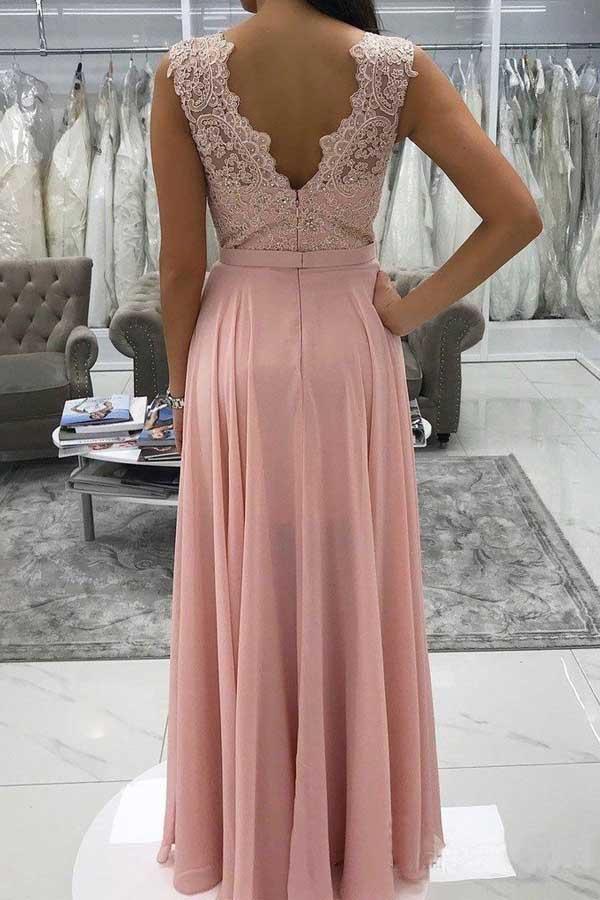 Long Chiffon Lace Beaded Prom Dresses Pink V-neck Formal Dress PG958