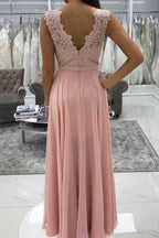 Long Chiffon Lace Beaded Prom Dresses Pink V-neck Formal Dress PG958