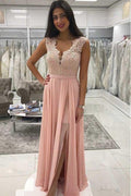 Abito da Sera in Chiffon Lungo con Pizzo e Perline Rosa Scollatura a V PG958