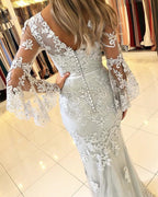 Long V-neck Tulle Lace Mermaid Formal Prom Dress with Half Sleeves