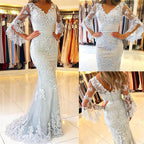 Long V-neck Tulle Lace Mermaid Formal Prom Dress with Half Sleeves