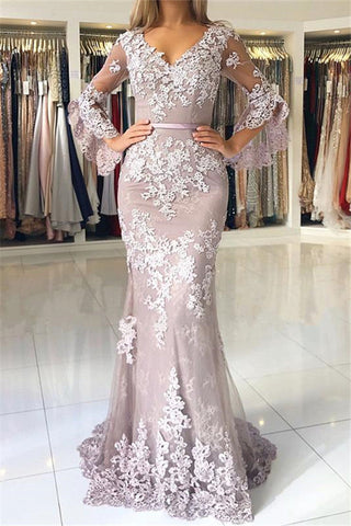 Long V-neck Tulle Lace Mermaid Formal Prom Dress with Half Sleeves