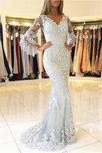 Long V-neck Tulle Lace Mermaid Formal Prom Dress with Half Sleeves