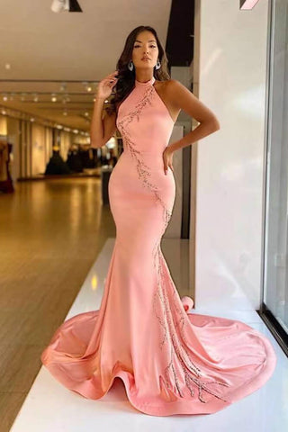 Long High Neck Mermaid Satin Prom Dresses with Applique