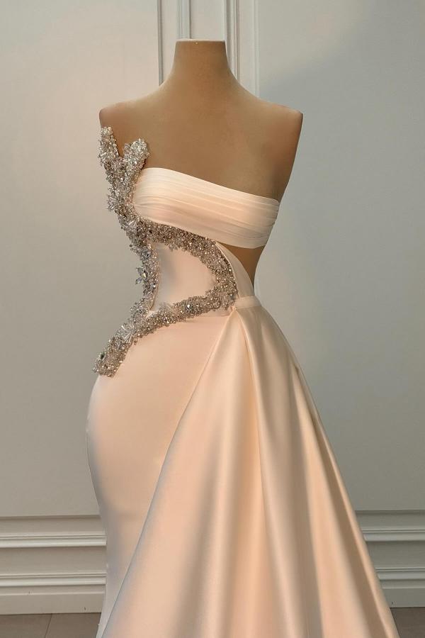 Long Ivory Mermmaid Strapless Beading Satin Sleeveless Prom Dress