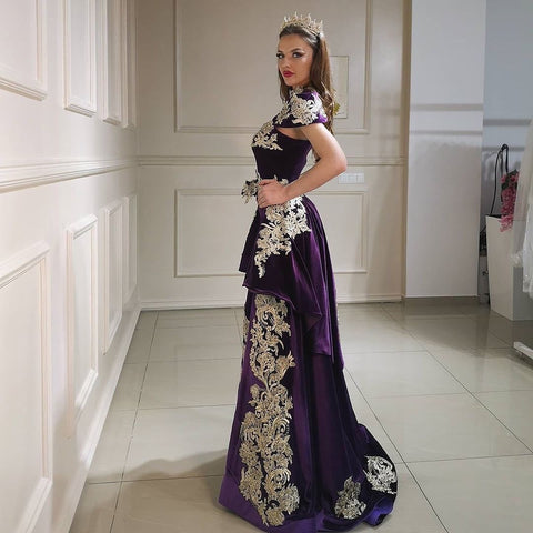 Long Mermaid High Neck Appliques Lace Backless Velvet Prom Dress