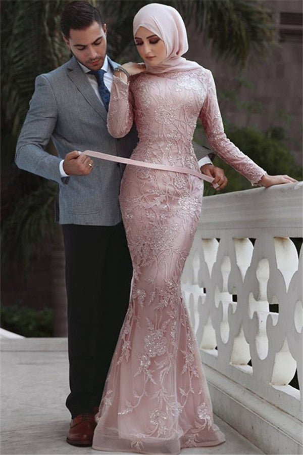 Long Mermaid High Neck Appliques Lace Prom Dress with Sleeves