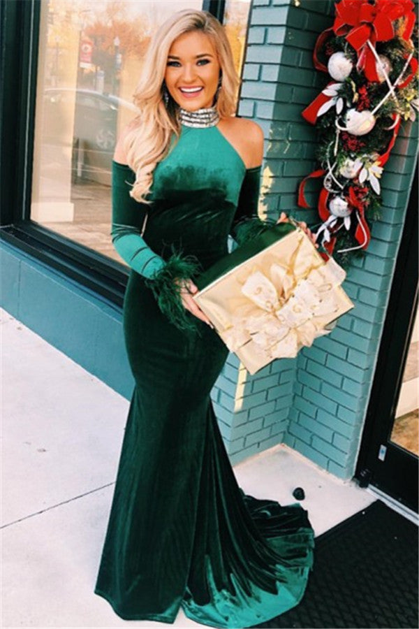 Long Mermaid High Neck Green Velvet Prom Dress