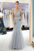 Vestidos de noche largos estilo sirena con joyas de cristal y lentejuelas en tul