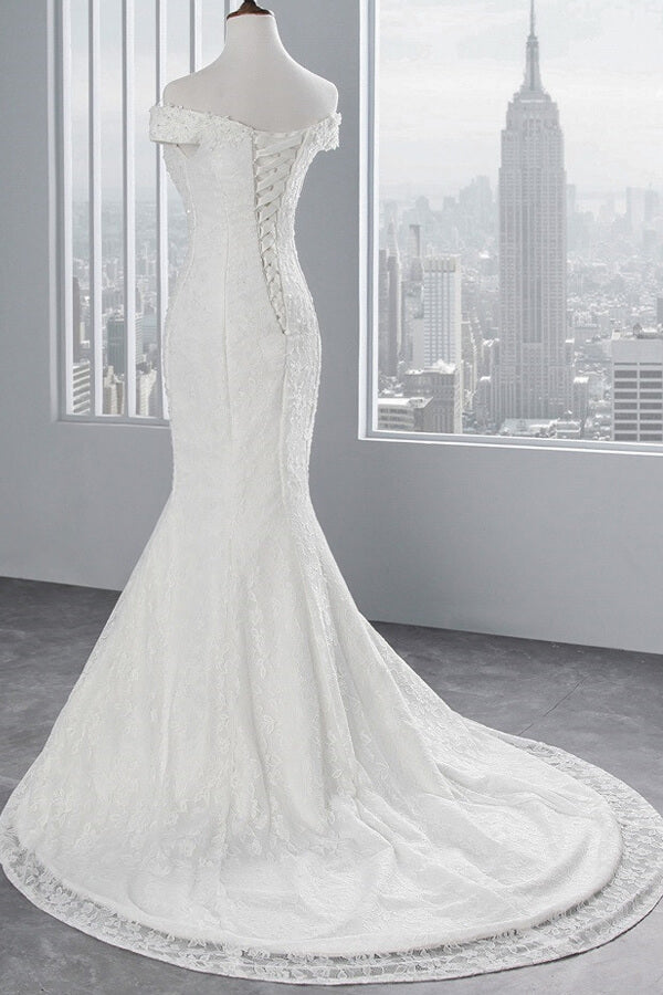 Langes Meerjungfrau-Spitzen-Trägerloses Schnürkleid Brautkleid