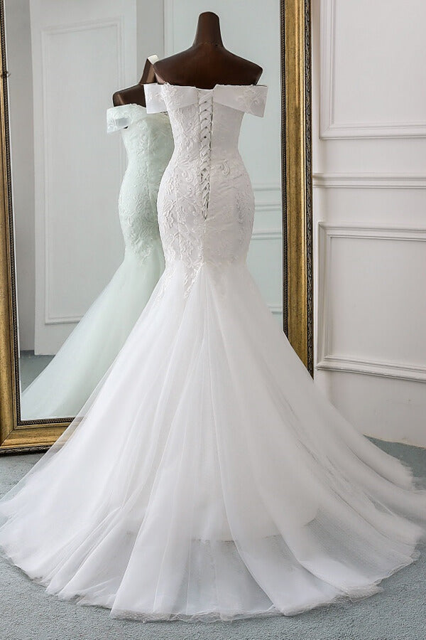 Langes Meerjungfrau-Trägerloses Applikations-Spitzen-Tüll-Brautkleid