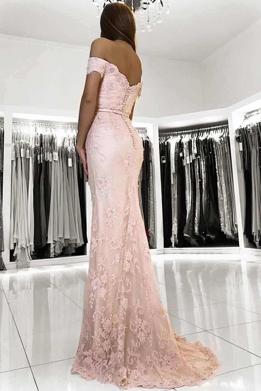 Long Mermaid Off-the-shoulder Backless Appliques Lace Prom Dress
