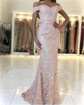 Robe de bal longue sirène bretelles tombantes dos nu avec applications de dentelle