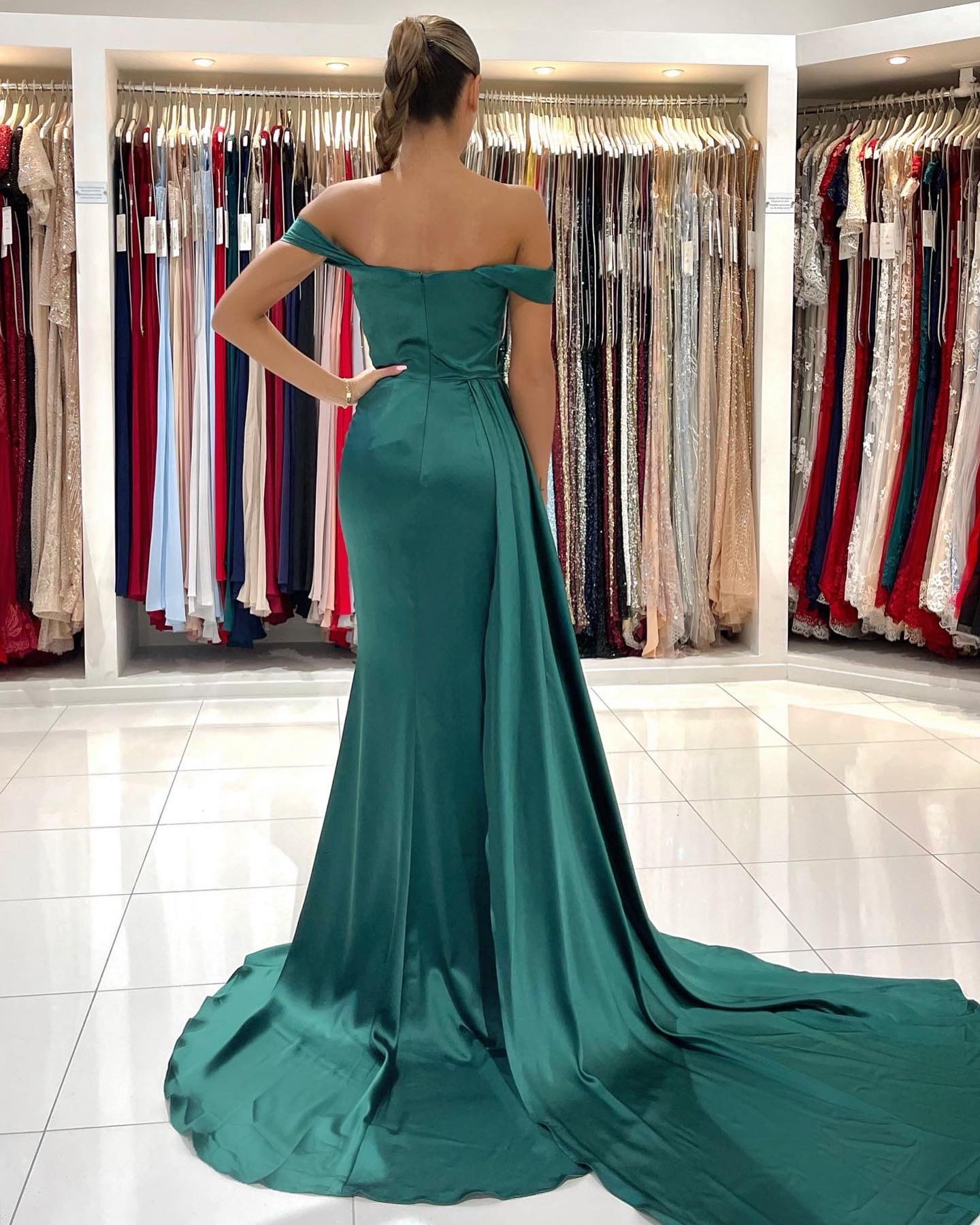 Long Mermaid Off-the-shoulder Backless Front Slit Prom Dress With Side Train