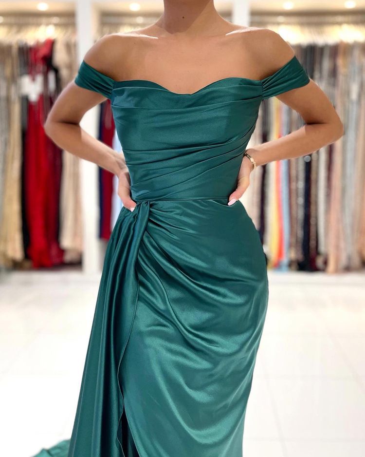 Long Mermaid Off-the-shoulder Backless Front Slit Prom Dress With Side Train