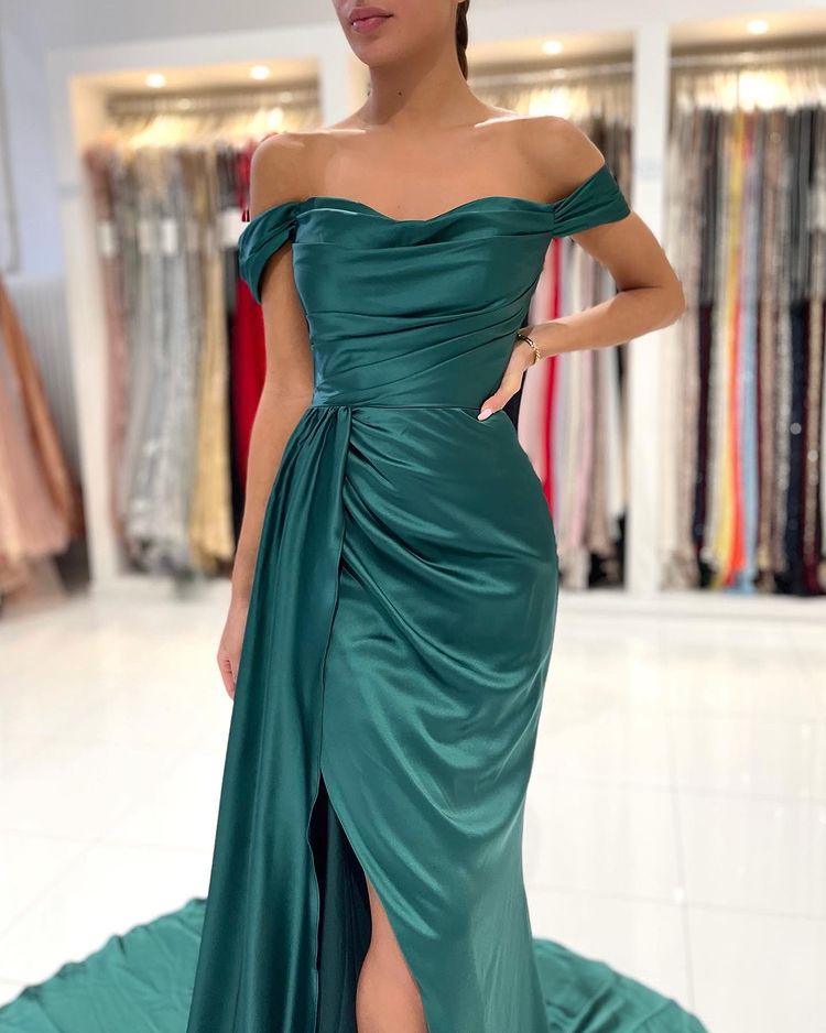 Long Mermaid Off-the-shoulder Backless Front Slit Prom Dress With Side Train