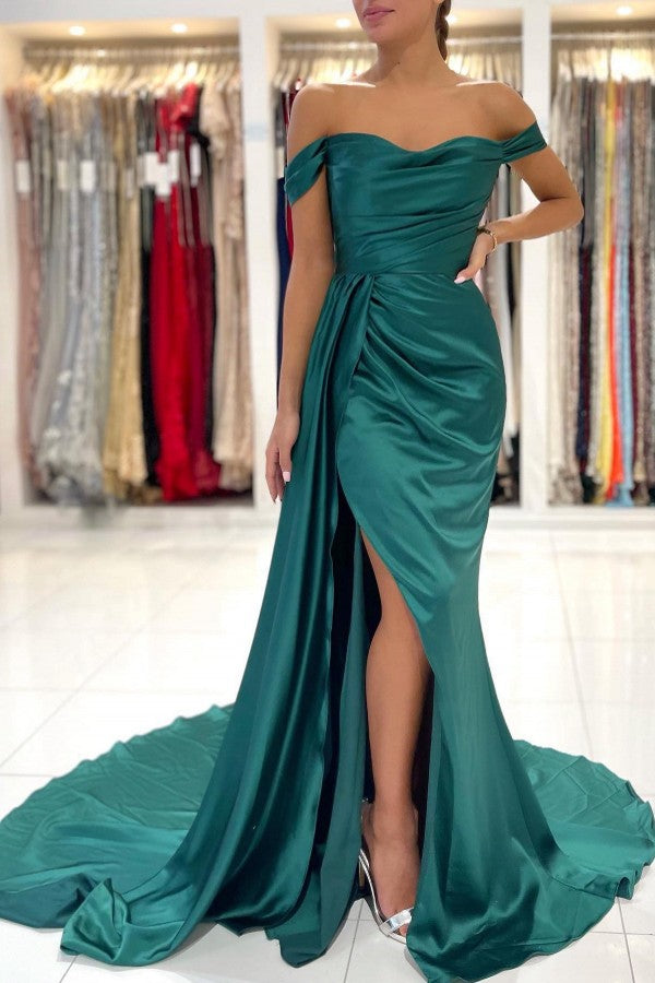 Long Mermaid Off-the-shoulder Backless Front Slit Prom Dress With Side Train