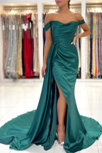 Long Mermaid Off-the-shoulder Backless Front Slit Prom Dress With Side Train