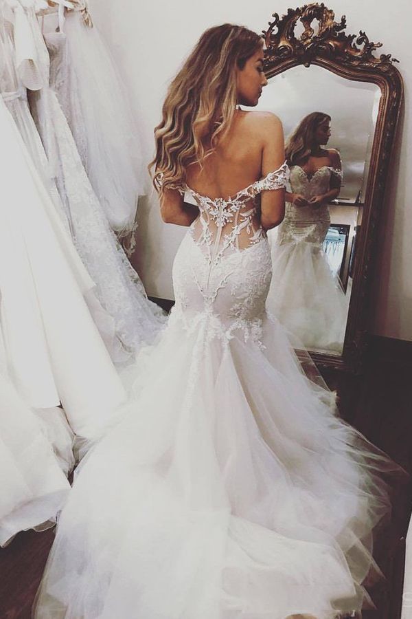 Langes Meerjungfrau-Trägerloses Spitzenkleid mit Rückenfreiem Ausschnitt für Hochzeiten