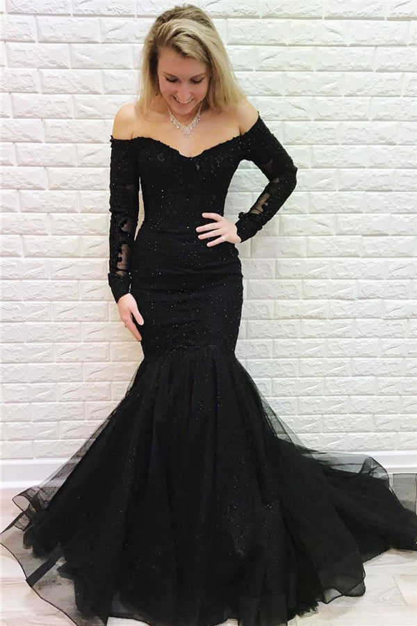 Long Mermaid Off-the-shoulder Lace Formal Prom Dress with Sleeves