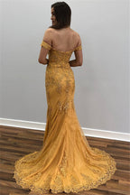 Long Mermaid Off-the-shoulder Lace Gold Prom Dress
