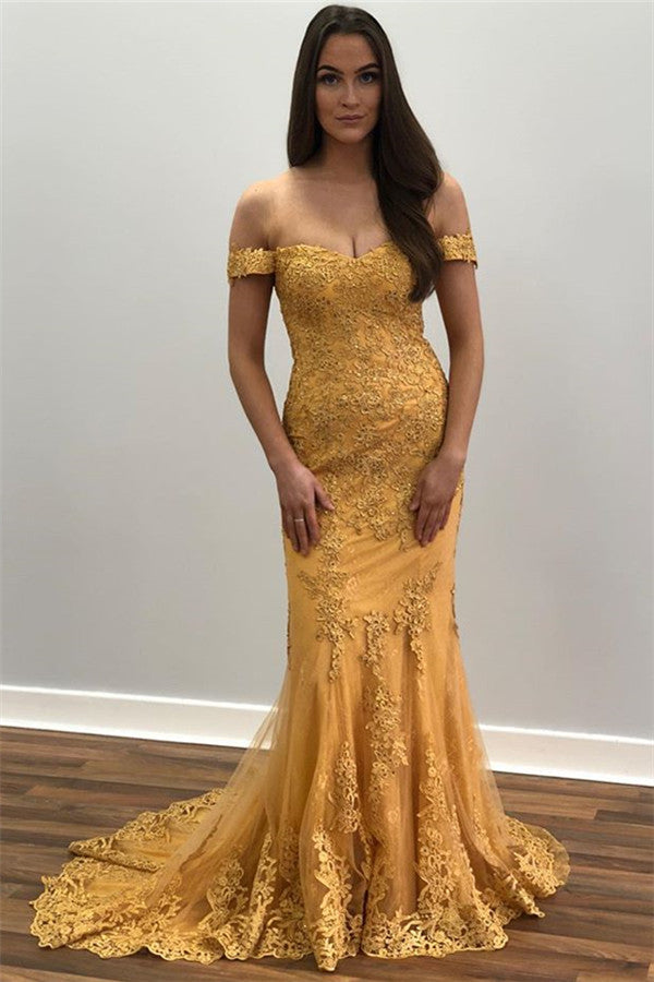 Long Mermaid Off-the-shoulder Lace Gold Prom Dress