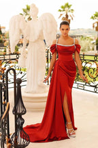 Long Mermaid Off the Shoulder Ruffles Satin Prom Dresses with Beadings