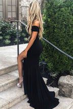 Long Mermaid Off the Shoulder Satin Black Formal Prom Dresses with Slit