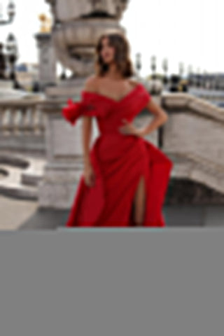 Long Mermaid Off The Shoulder Satin Evening Prom Dresses with Slit