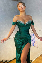 Long Mermaid Off the Shoulder Satin Prom Dresses with Side Slit