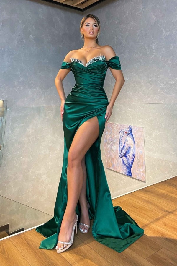 Long Mermaid Off the Shoulder Satin Prom Dresses with Side Slit