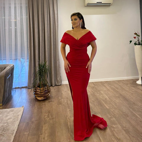 Long Mermaid Off the Shoulder Satin Red Formal Prom Dresses with Slit