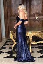 Vestidos de festa compridos estilo sereia com decote ombro a ombro e lantejoulas e racha