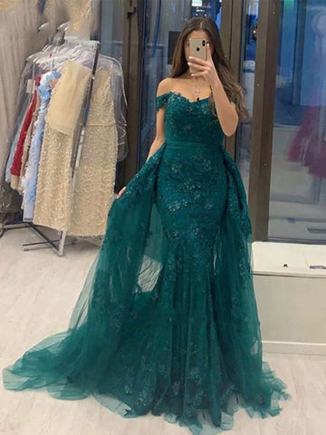 Langes Meerjungfrau-Kleid mit schulterfreiem Tüll und Spitze, formelle Abschlussballkleider