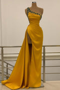 Robe de bal longue sirène une épaule perles dos nu avec fente