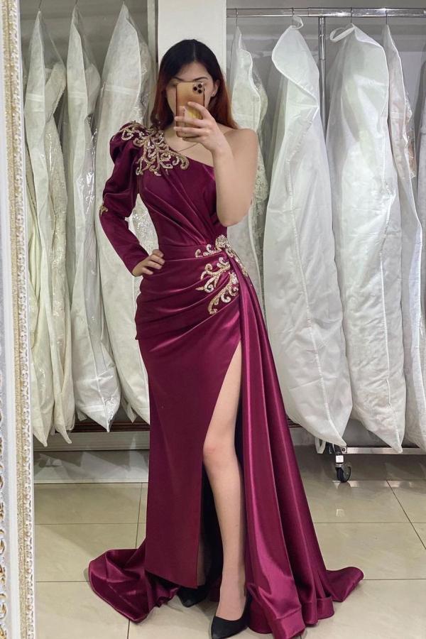Long Mermaid One Shoulder Front Slit Prom Dress with Sleeves