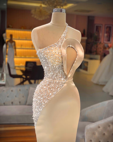 Long Mermaid One Shoulder Keyhole Crystal Prom Dress With Side Train