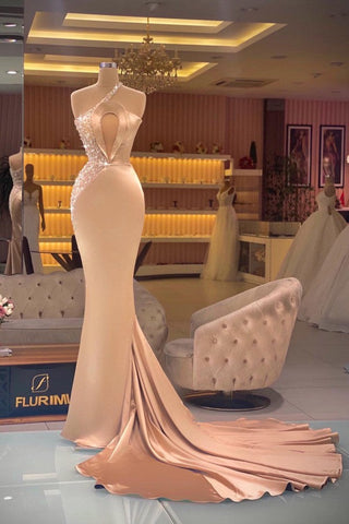 Long Mermaid One Shoulder Keyhole Crystal Prom Dress With Side Train