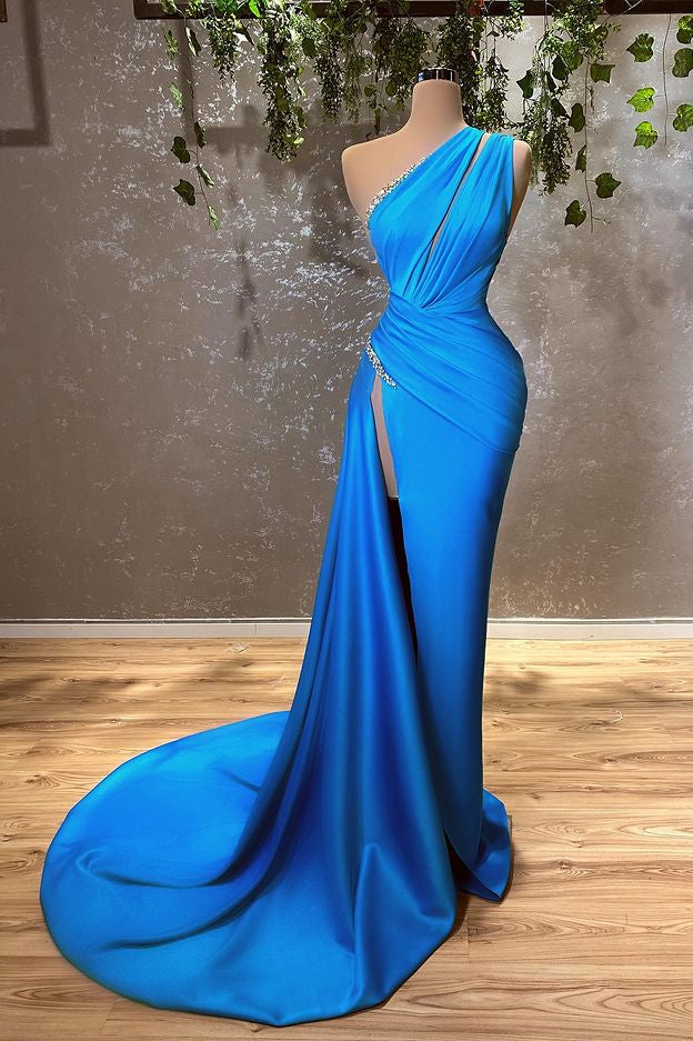 Long Mermaid One Shoulder Satin Evening Prom Dress with Split