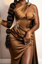 Lange Meerjungfrau One-Shoulder Satin Ballkleider mit Schlitz