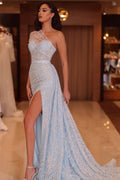 Langes Meerjungfrau-Abschlussballkleid mit One-Shoulder-Träger aus Satin mit Pailletten und Schlitz